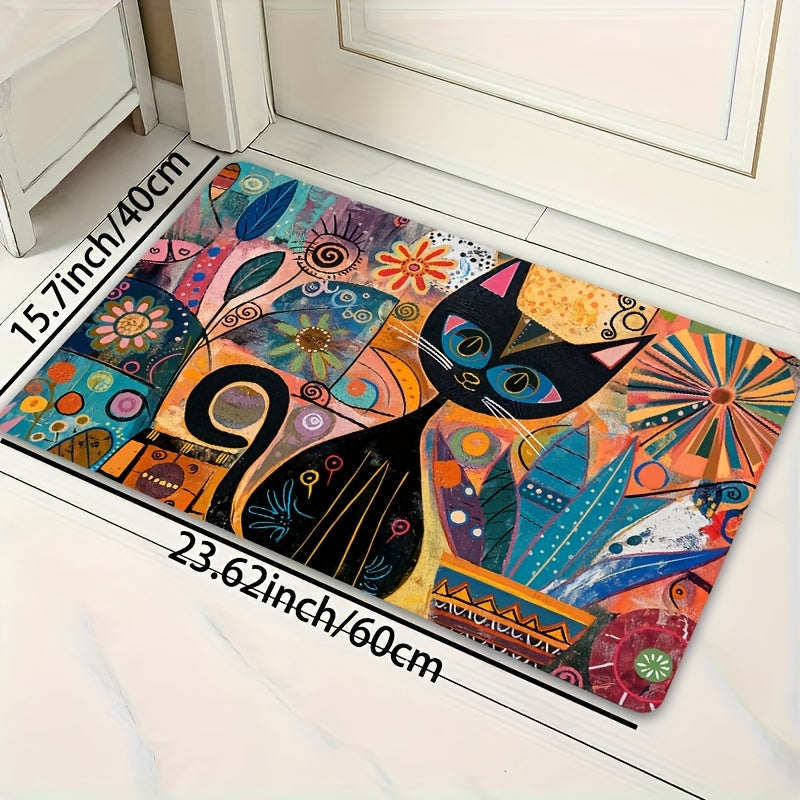 Alfombra de Entrada Decorativa de Arte Abstracto de Gato Lavable a Máquina - Revestimiento de PVC Antideslizante, Poliéster, Alfombra Rectangular para Baño, Cocina, Sala de Estar, Dormitorio