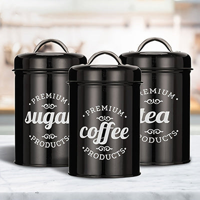 3 recipientes de almacenamiento para té, café, azúcar y cocina, color negro