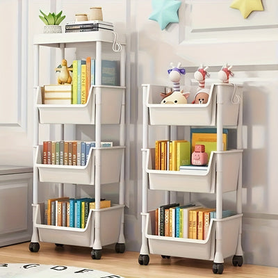 Carro de Almacenamiento Rodante Blanco de 5 Niveles con 4 Ganchos - Unidad Móvil de Estantería Plástica para Sala, Dormitorio, Oficina y Garaje, Carro Versátil de Movilidad Fácil, Colores Neutros, Ruedas Prácticas, Organizador de Estantes