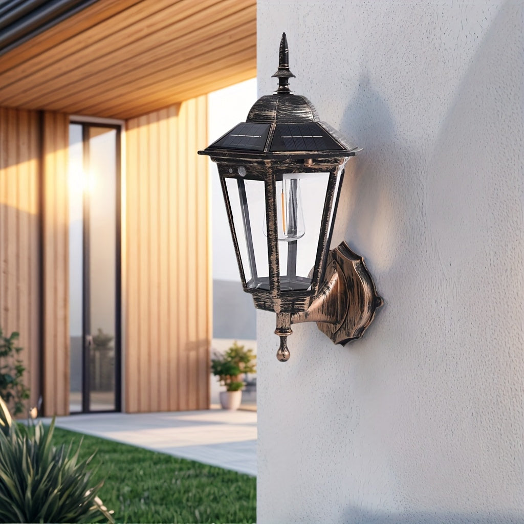 Lámpara de pared solar LED vintage - 3 modos de iluminación, luz decorativa retro, luz exterior para jardín, recargable con energía solar, ideal para porche, jardín o patio, fácil instalación