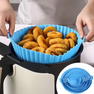 6 piezas de Forros para Freidora de Aire de Silicona - Moldes Antiadherentes Azules con Borde Festoneado y Diseño Perforado para Distribución Uniforme del Calor, Desmoldeo Fácil, Cocina Sin Aceite Saludable - Seguro para Alimentos, Reutilizables, Compati