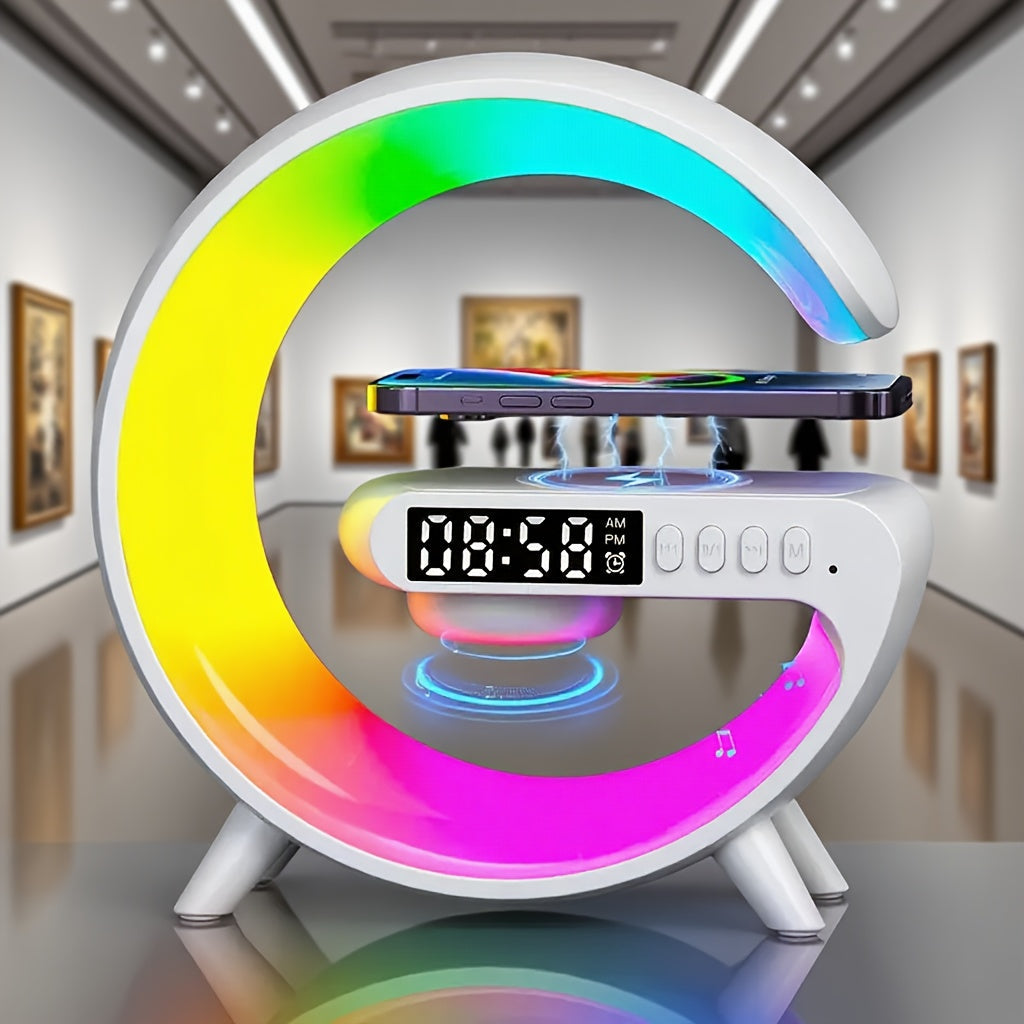 Altavoz sin varillas Moderno Multifuncional con Lámpara de Escritorio Ambiental RGB, Tira LED Colorida, Carga Inalámbrica, Función de Reloj Despertador y Reproducción TF Card, Ideal para Dormitorio, Estudio o Área de Trabajo, Luz Portátil Ajustable, Lámp
