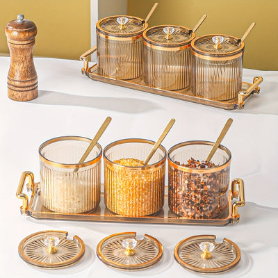 Conjunto de Condimentos Creativo para el Hogar y Cocina, Alta Belleza - 1 Bandeja con 3 Tarros y Cuchara