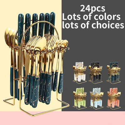 Juego de Cubiertos de Acero Inoxidable de 24 Piezas con Mangos de Cerámica, Cubiertos Elegantes para Comidas y Postres, Incluye Cuchillos, Tenedores, Cucharas, Cucharitas - Ideal para Uso en Casa, Restaurante, Hotel, Utensilios de Cocina