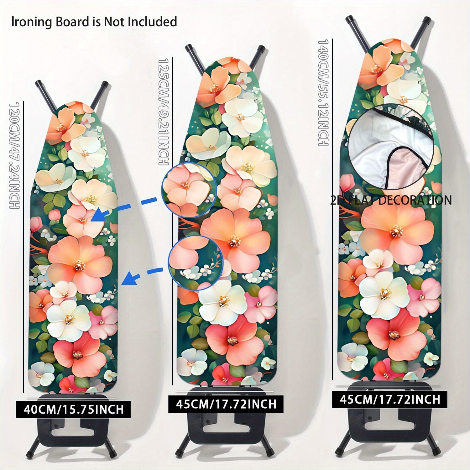 Decoración para Lavandería Floral - Funda de Planchado Lavable en Rosa/Blanco/Azul Verdoso, Compatible con la Mayoría de Tablas de Planchar Estándar, Sin Necesidad de Tableta, Decoración Ahorradora de Espacio, Accesorio Alegre y Duradero, Diseño Noboard,