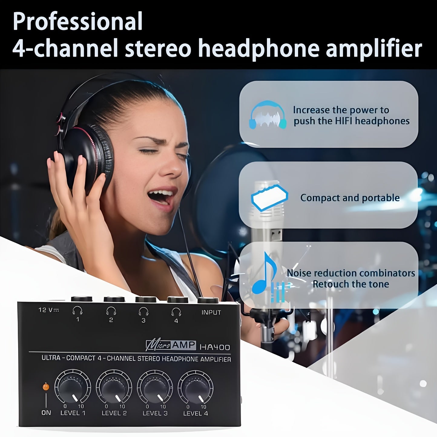 Amplificador Mini HA400 de 4 Canales Ultra Compacto con Entrada de 12V, Ideal para Auriculares y PC, Amplificador Duradero en Color (No Incluye Cable de 12V)
