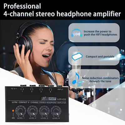 Amplificador Mini HA400 de 4 Canales Ultra Compacto con Entrada de 12V, Ideal para Auriculares y PC, Amplificador Duradero en Color (No Incluye Cable de 12V)