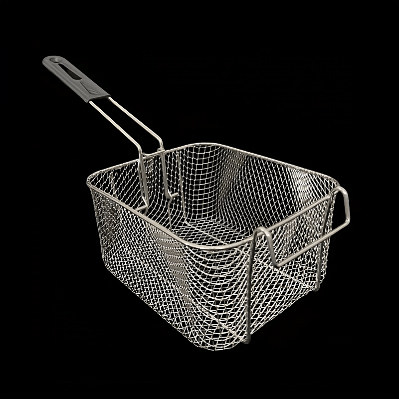 Cesta de freír de acero inoxidable con mango plegable, malla resistente al calor, adecuada para freír papas fritas, alas de pollo y snacks, fácil de limpiar, herramienta de cocina para hogares y cocinas comerciales.