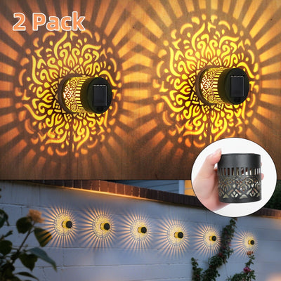 2 paquetes de luces solares para vallas con diseño hueco - Luces de pared IP65 para exteriores para jardín, patio y escaleras, paneles solares LED con carcasa negra, montaje semienterrado, control de sensor de luz, batería, luces solares para vallas para