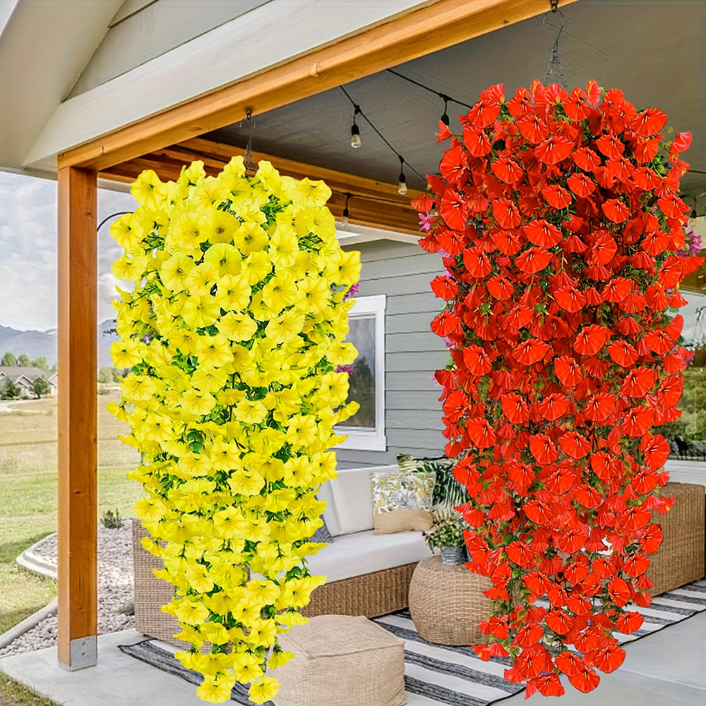 4 Juegos de Flores Artificiales Grandes para Exteriores - Arreglos Florales Realistas Resistentes a los Rayos UV, Decoración Colgante Ombre Amarillo a Rojo para Bodas, Fiestas, Jardín y Sala - Sin Mantenimiento, Batería No Necesaria, Decoración Todo el A