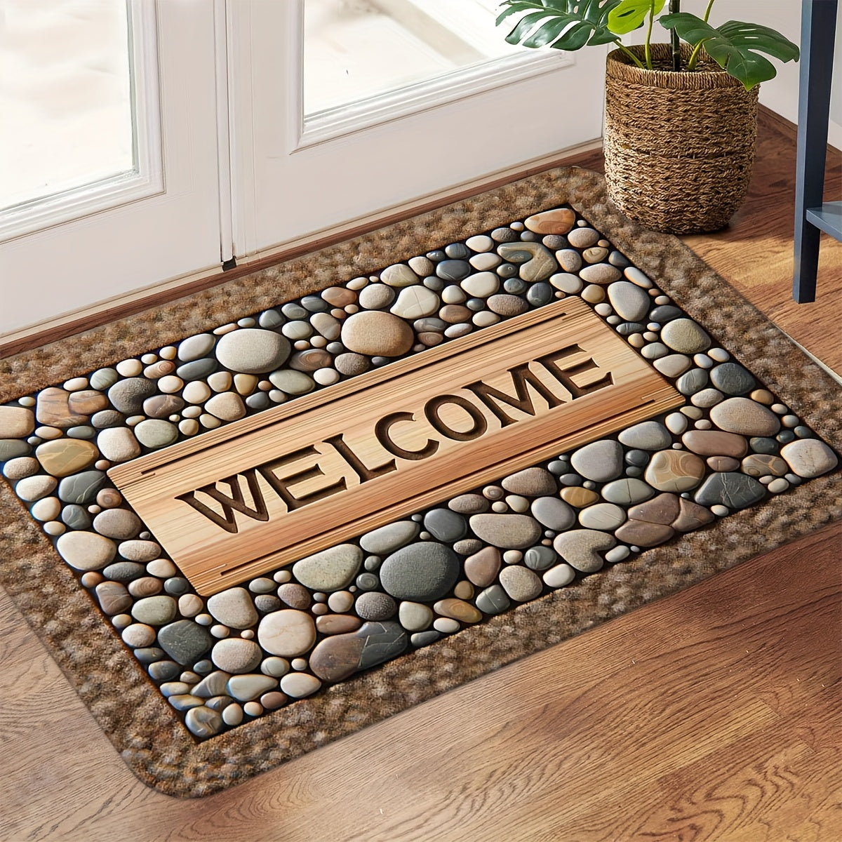 Tapete de bienvenida de piedra – Antideslizante, lavable, para entrada, decoración rústica de granja, material de poliéster duradero, ideal para uso en interiores/exteriores, tapete de bienvenida para interior | Estilo rústico de granja | Tapete lavable
