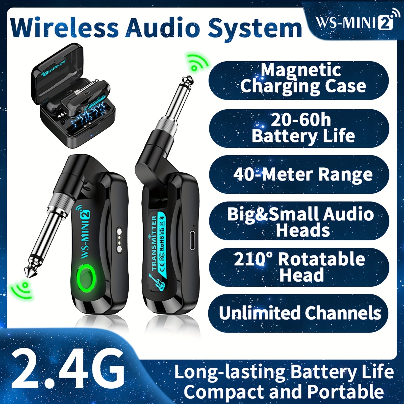 Sistema inalámbrico para guitarra con estuche de carga, transmisor y receptor inalámbrico recargable para guitarra y bajo de 2.4Ghz, equipo de grabación de estudio, estuche portátil, rendimiento confiable, transmisor para instrumentos, para presentacione