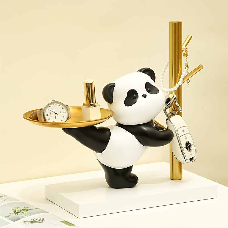 Bandejita de joyería de resina de panda con soporte metálico - Organizador decorativo chic para anillos, pulseras, collares - Regalo ideal para ancianos, amigos, maestros - Accesorio de dormitorio elegante