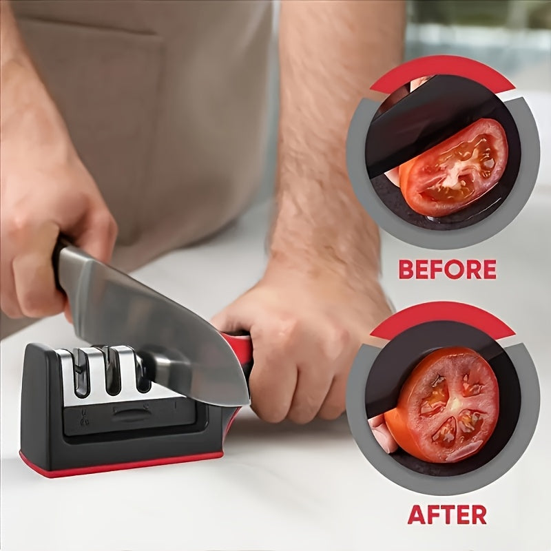 Afiliador Profesional de Cuchillos, Herramienta Portátil para Afilar 4 Hojas con Mango Rojo y Base Negra - Ideal para Diversos Tipos de Cuchillas, Accesorio Perfecto para una Familia de 30 Personas