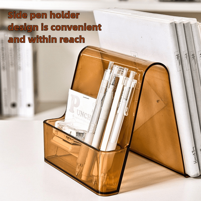Organizador de Estantería Acrílica Moderna con Portabolígrafos Lateral, Soporte para Revistas Transparente para Sala de Estar, Dormitorio o Oficina, Estilo Decorativo Artístico, Decoración Duradera y Elegante para el Hogar, Decoración de Libros