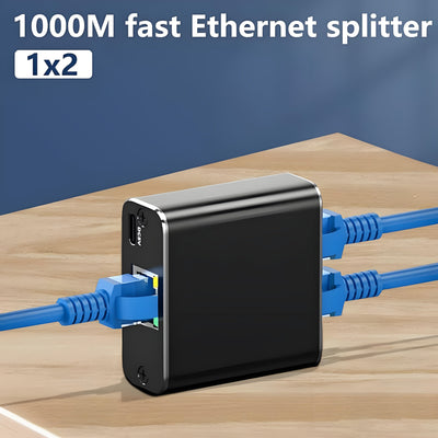 Divisor de red RJ45 de 1000M - 1 a 2 enchufes, conmutador de red portátil para dormitorios y hogares, extensor de cable de red Gigabit, alimentado por USB, no necesita batería, compatible con Windows y Mac, gestión de red | Acabado negro elegante | Diseñ