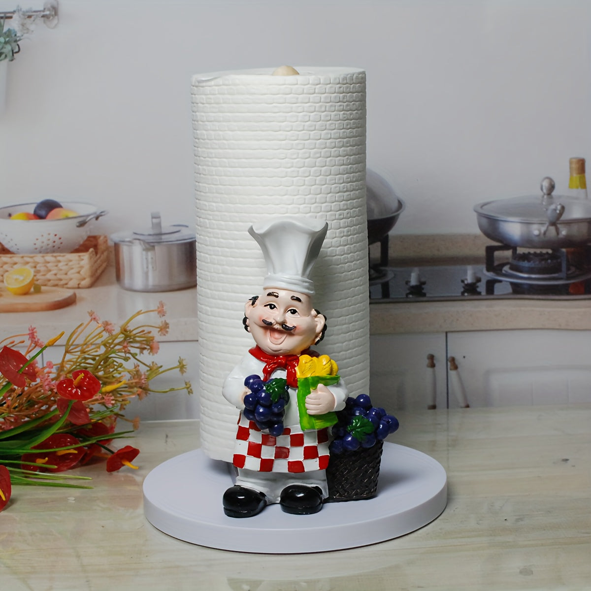 Soporte para Toallas de Papel de Resina con Diseño de Chef y Uva - Montaje en Encimera para Decoración de Cocina y Comedor