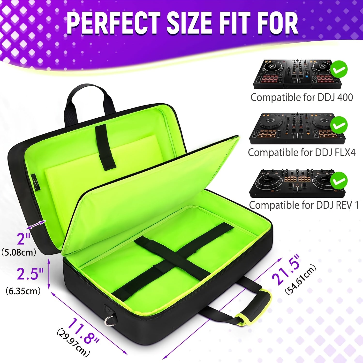 Estuche SNIGJAT para Controlador DJ Pioneer DDJ-FLX4/400/REV1 - Bolsa Acolchada con 5 Bolsillos y Correa de Hombro Ajustable, Protección para Equipo y Accesorios de DJ ( con Detalles en Verde Neón), Estuche Portátil, Diseño Multipocket, Construcción Refo