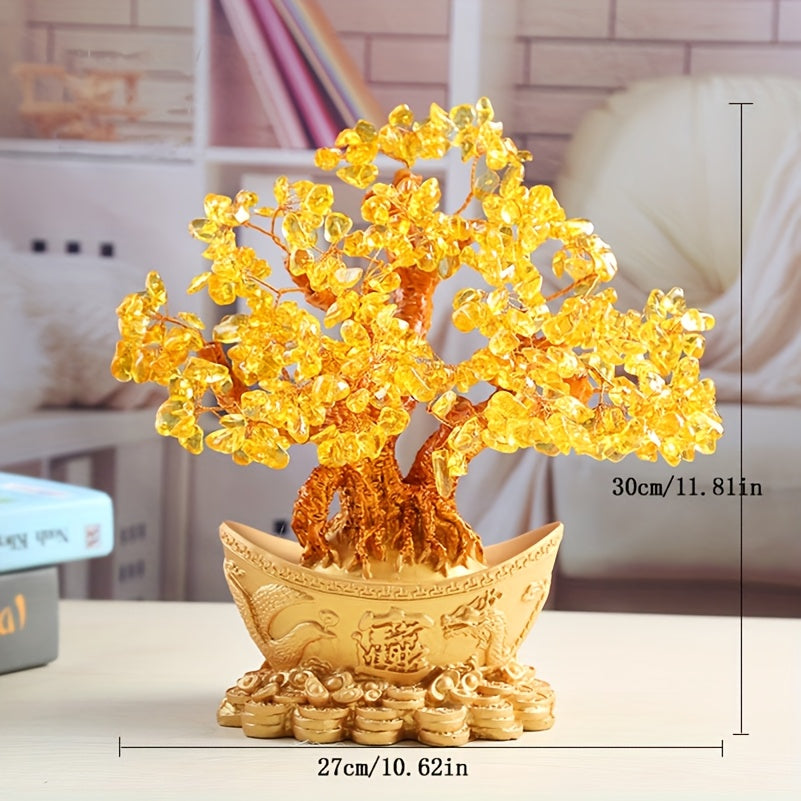 Árbol de Cristal de Oro - Decoración de la Fortuna del Feng Shui, Planta de Interior/Exterior, Ornamento de Escritorio, Estilo Bonsái de Cristal Natural, Decoración de Oficina | Árbol de Cristal de Oro | Artesanía de Cristal, Decoración de Cristal