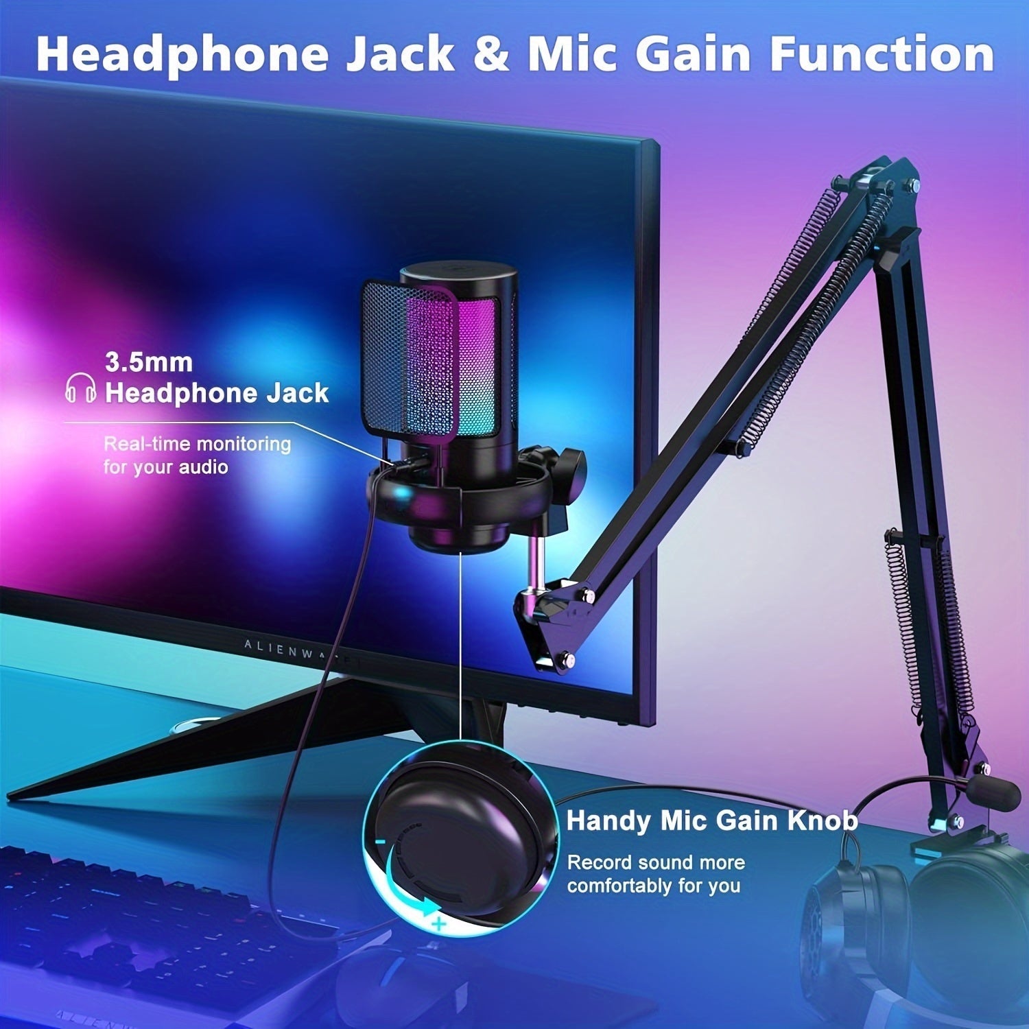 Micrófono condensador LED de 7 colores RGB con conector de auriculares y función de ganancia de mic, mic omnidireccional USB-C para juegos, canto, karaoke, conferencias de video, transmisión en vivo - Alimentado por USB, ≤36V, no requiere batería