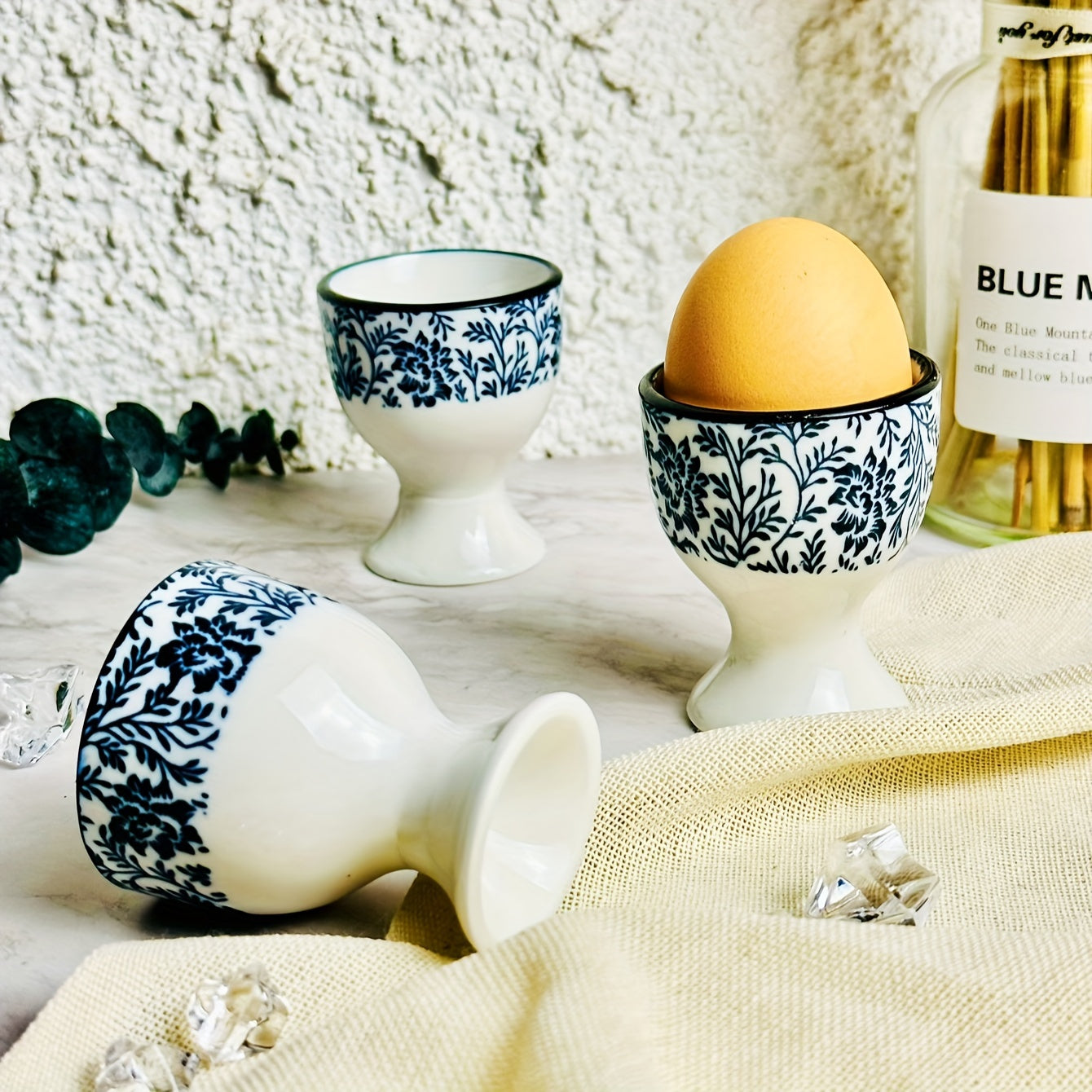 1 Juego/2 Piezas, Taza Para Huevos, Bandeja Para Huevos, Estilo Azul Y Blanco, Color Subrayado, Taza Para Huevos Con Imagen, Para Dieta Diaria, Para Contener Huevos Comestibles, Ideal Para Desayuno, Cena, Etc., Se Puede Usar Para Comidas Familiares, Rega
