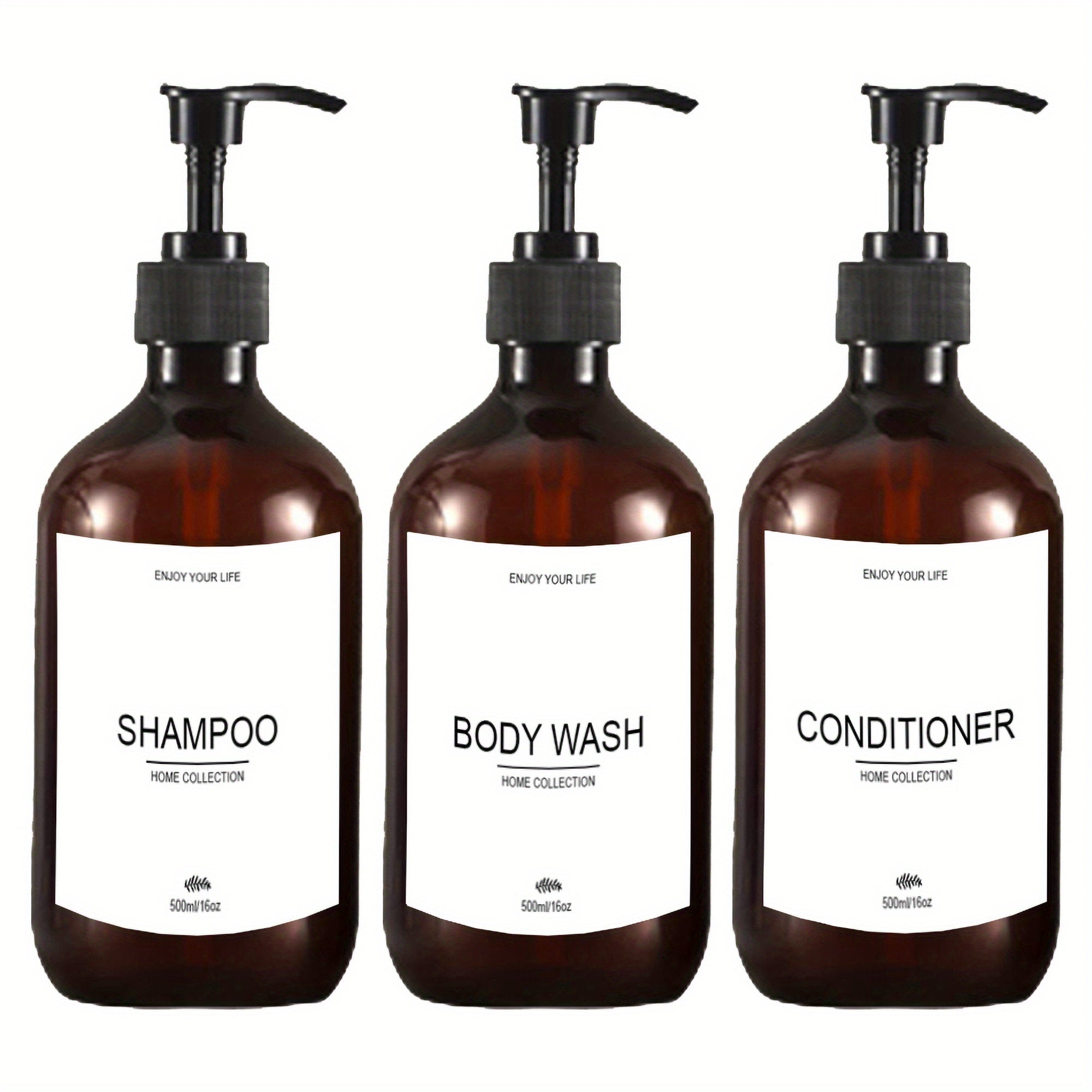 3pcs Botellas dispensadoras recargables de champú, acondicionador y gel de baño con bomba, contenedor dispensador de loción para baño con etiquetas impermeables de 500 ml / 16.9 oz, decoración del hogar, muebles para el hogar