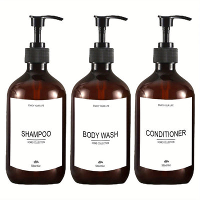 3pcs Botellas dispensadoras recargables de champú, acondicionador y gel de baño con bomba, contenedor dispensador de loción para baño con etiquetas impermeables de 500 ml / 16.9 oz, decoración del hogar, muebles para el hogar