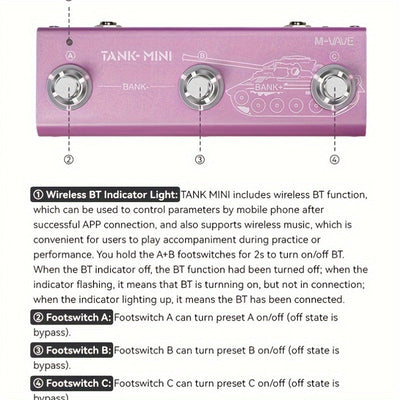 Pedal de efectos multi-función para guitarra/bajo M-VAVE TANK MINI - 21 presets, batería de 7 horas, control BT/Inalámbrico, interfaz de audio USB, más de 60 efectos (puerta de ruido, IR CAB, retraso, reverberación) para la recreación musical/actuación e