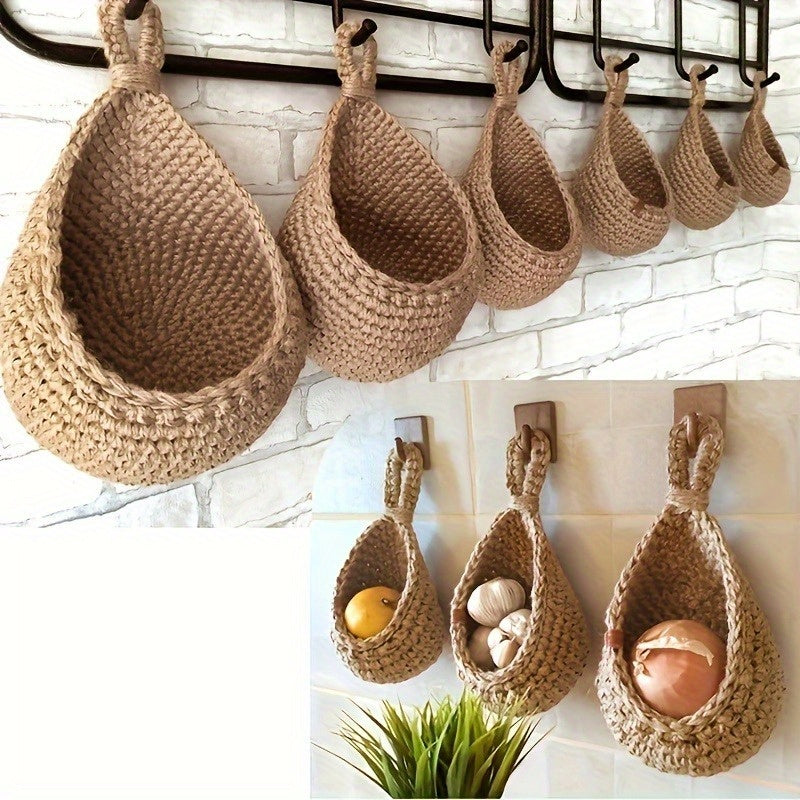Canasta Colgante de Yute Tejida a Mano - Organizador Rústico para Pared de Cocina para Frutas y Verduras con Ganchos, Cesta de Fibra Natural de Alta Calidad para Interior/Exterior