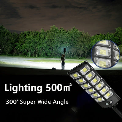 1 lámpara de calle solar, 504×6500K LEDs con lente. Luz automática de puesta de sol a amanecer alimentada por energía solar para estacionamientos; sensor de movimiento de ángulo amplio y farola controlada a distancia. Ideal para iluminación comercial/cor