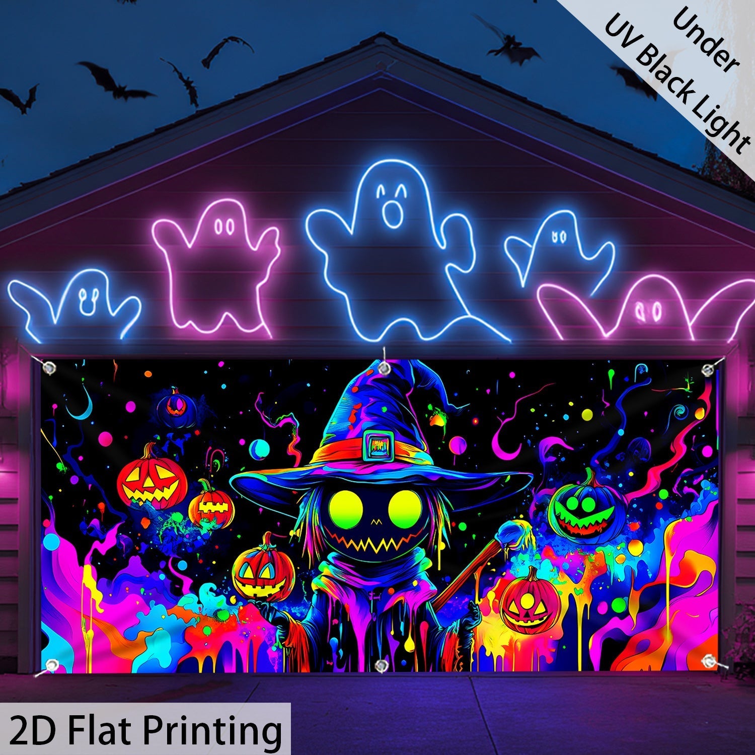 Una figura de calabaza vibrante de tamaño grande que brilla bajo luz UV, perfecta para Halloween. Esta decoración de puerta de garaje de poliéster sirve varios propósitos festivos y es adecuada para decorar el hogar y el jardín. Es fácil de colgar (la im