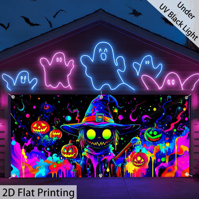 Una figura de calabaza vibrante de tamaño grande que brilla bajo luz UV, perfecta para Halloween. Esta decoración de puerta de garaje de poliéster sirve varios propósitos festivos y es adecuada para decorar el hogar y el jardín. Es fácil de colgar (la im