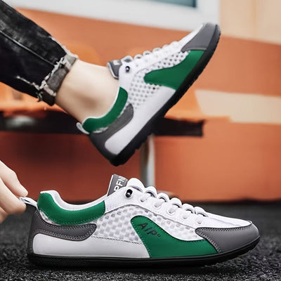 Zapatillas Casuales de Malla Transpirable para Hombre - Zapatos Bajos con Cordones Elásticos, Detalles en Azul Marino/Blanco/Dorado, Parte Superior Ligera y Suela de Goma Duradera para Gimnasio, Caminar o Uso Diario, Estilo Deportivo, Forro Cómodo, Ideal