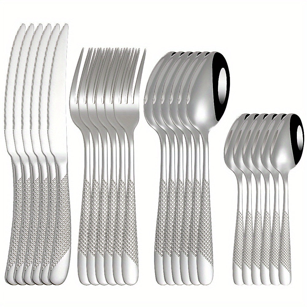 Juego de cubiertos de acero inoxidable con diseño de estrella, 24 piezas - Incluye cuchillo para carne, tenedor, cuchara y cuchara de postre - Ideal para hoteles y restaurantes