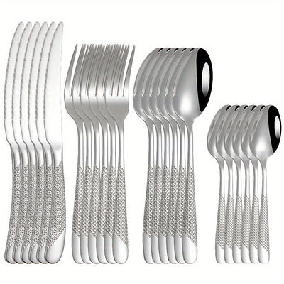 Juego de cubiertos de acero inoxidable con diseño de estrella, 24 piezas - Incluye cuchillo para carne, tenedor, cuchara y cuchara de postre - Ideal para hoteles y restaurantes