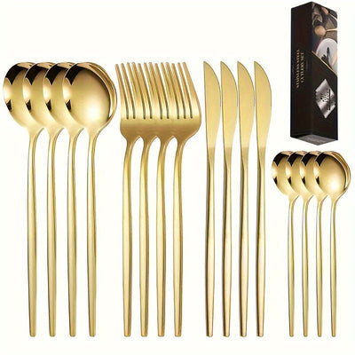 Juego de cubiertos de acero inoxidable, 16 piezas, incluye cuchillo, tenedor, cuchara y cucharita, color dorado, reutilizable, pulido, ideal para reuniones familiares y uso diario, para 4 personas (en caja de regalo)