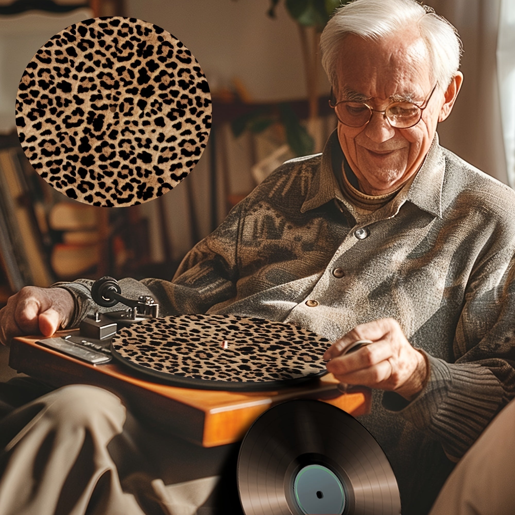 1pieza RSHUBINO Alfombrilla de goma para turntable, antideslizante y antistática, almohadilla para reproductor de discos de vinilo, mejorador de calidad de sonido, reduce la vibración, accesorio de decoración para el hogar, estampado de leopardo/tigre/ce