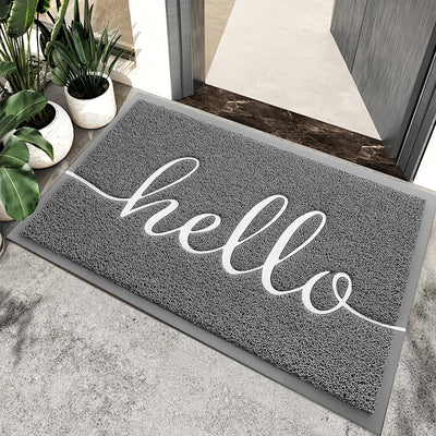 1 pza. tapete de entrada con mensaje hola/bienvenido, antideslizante, absorbente, lavable a máquina, rectangular, de polipropileno, para interior/exterior, garaje, entrada, patio, resistente a suciedad y lodo, fácil de limpiar, color gris