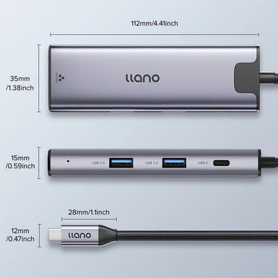 Base de Enchufe LLANO 8-en-1 USB-C/Type-C con Puerto Gigabit Ethernet, HDTV 4K@30Hz, Carga PD de 100W, Lector de Tarjetas SD/TF, 2 Puertos USB 3.0, Puerto Type-C3.0