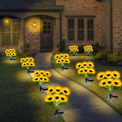 Poste verde con luces, girasol de cabeza grande, alimentado por energía solar, disponible en paquetes de uno o dos.