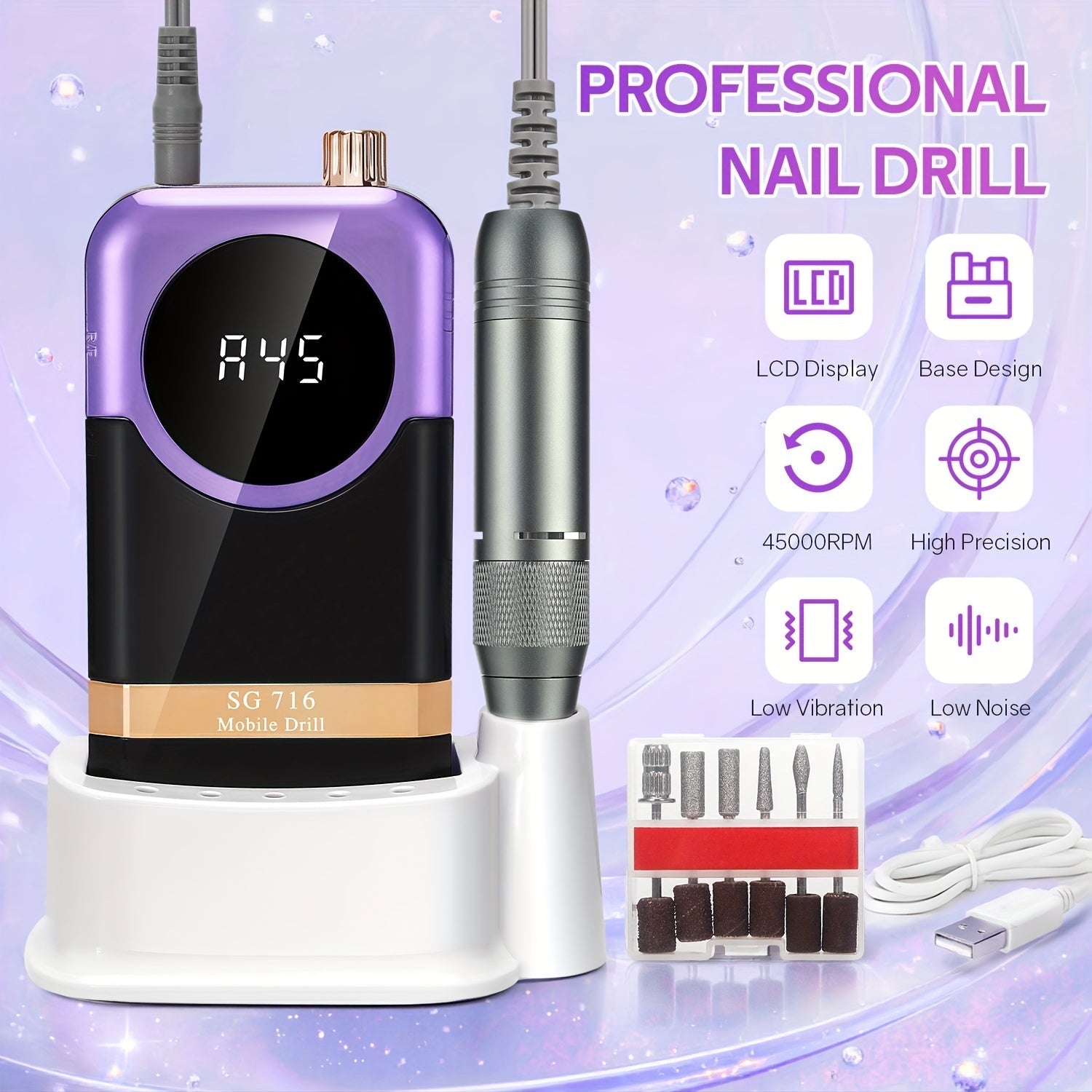 Fijas de uñas eléctricas de 45000 RPM, pulidor de esmalte de uñas inalámbrico, recargable, ruidoso bajo, para manicura, salón de belleza.