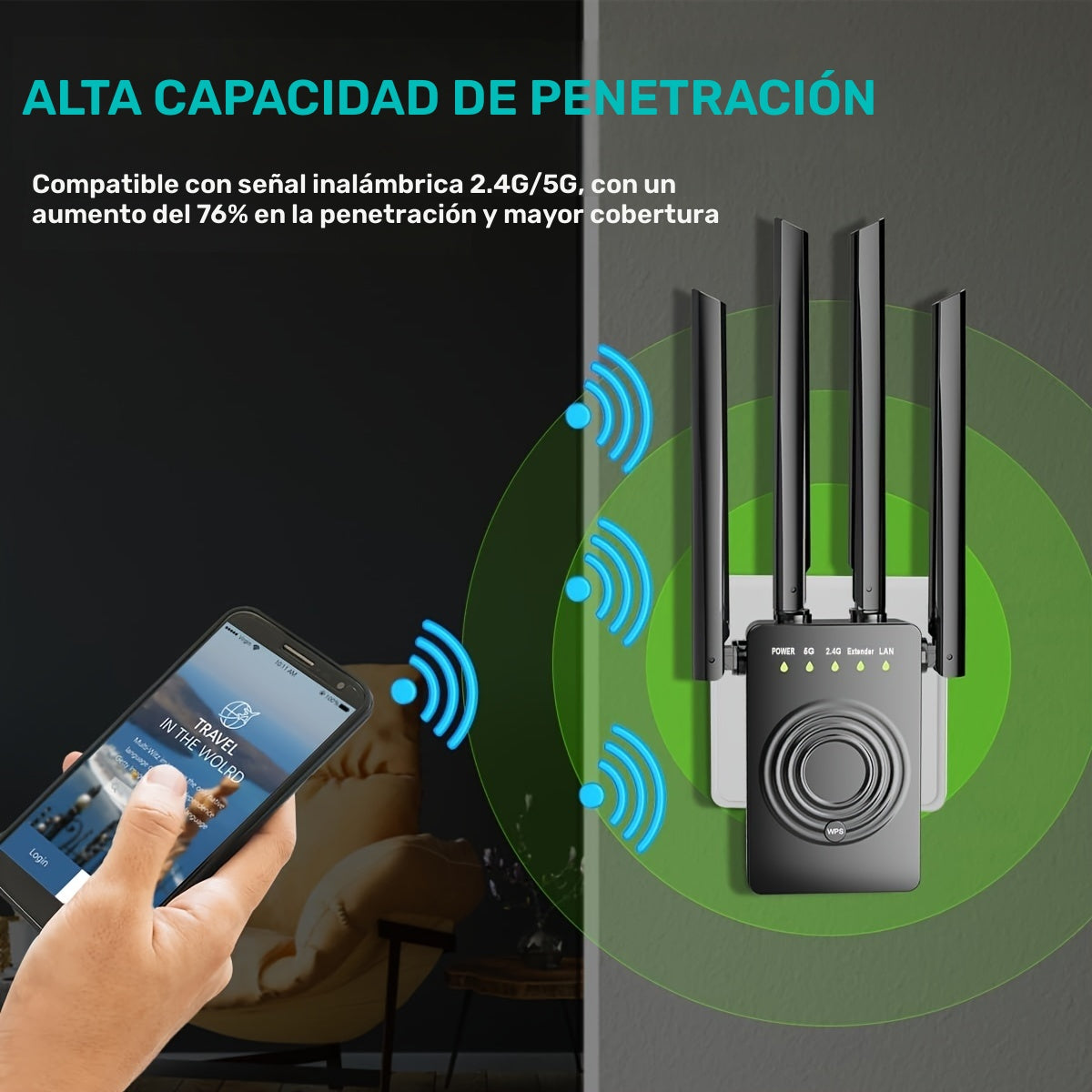 Extensor WiFi 2024 - Amplificador sin varillas Dual Band 2.4/5.8GHz, Extensor de Internet de Alta Velocidad 1200Mbps con Puerto Ethernet, Cobertura hasta 12000 Pies Cuadrados para Hogar/Ocio, Compatible con +100 Dispositivos, Enchufe US (Tipo B), Diseño