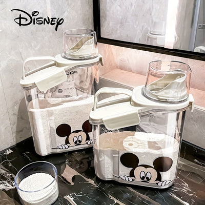 Contenedor de detergente para ropa con diseño de Mickey Mouse, 1 unidad, tapa medidora, gran capacidad, recipiente sellado para suministros de lavandería, cubeta de almacenamiento para ropa, diseño divertido, plástico duradero