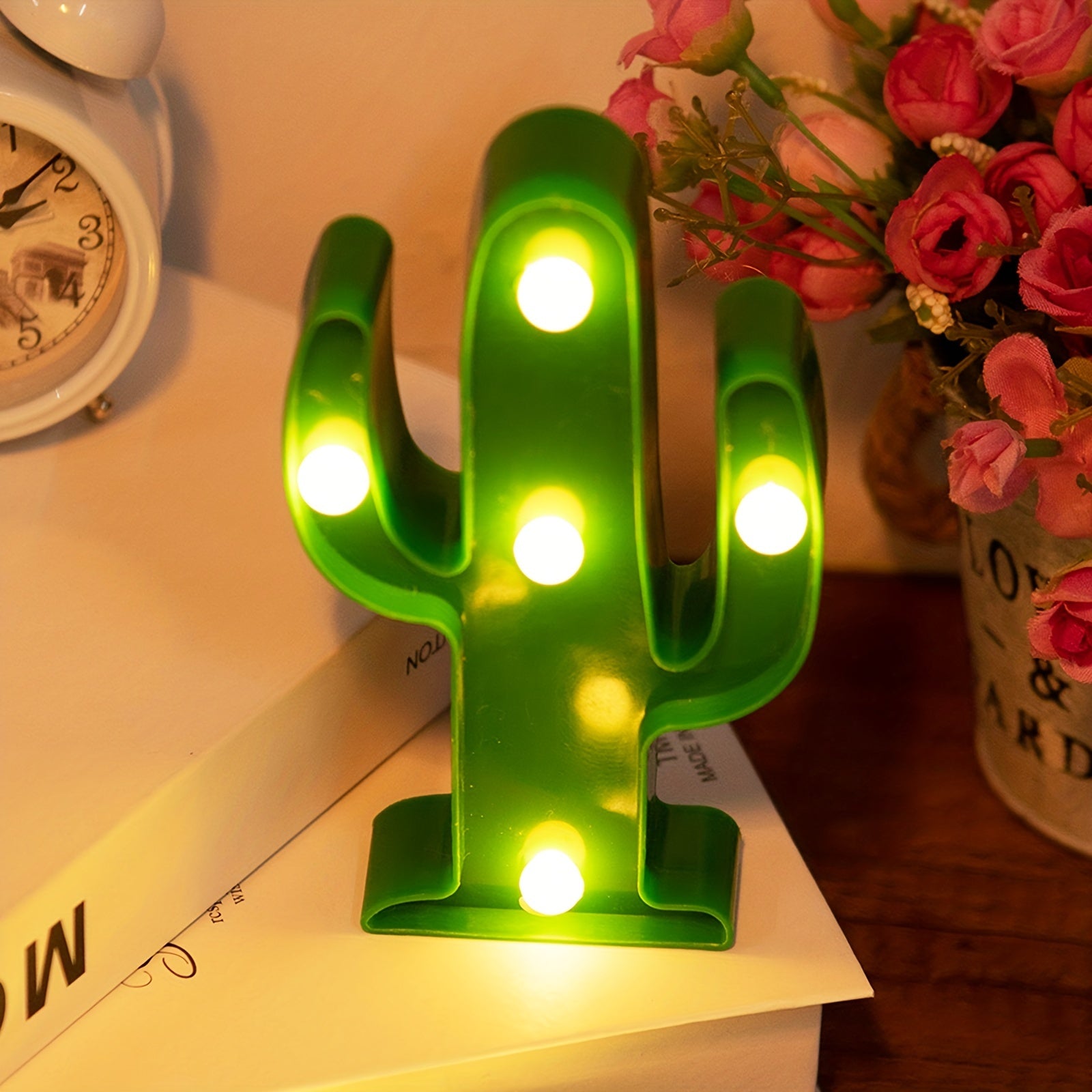 [1pc Mini Cactus LED Luz Nocturna] 1pc Mini Cactus LED Luz Nocturna de Estilo Tropical, Lámpara Decorativa de Mesa de Plástico con Acabado Antiguo, Ahorro de Energía, Funciona con Pilas (Pilas no Incluidas), para Sala de Estar, Regalo de Fiesta