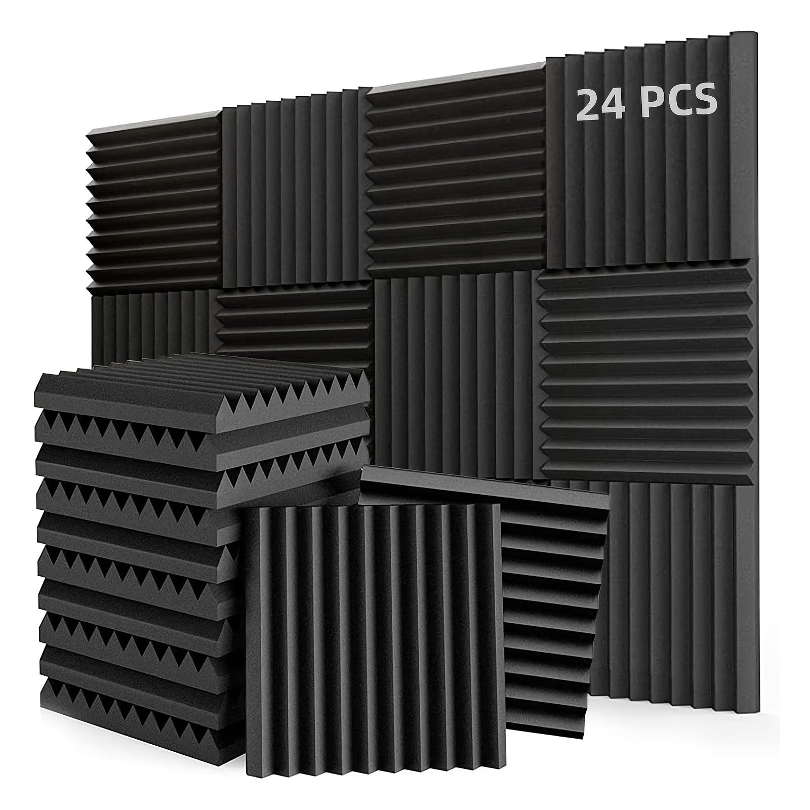 Conjunto de 24 Paneles Insonorizantes de Espuma Negra, 12"x12"x1", Cuñas Acústicas de Alta Densidad y Retardante de Llama para Reducción de Ruido, Recuperación Rápida, Ideales para Oficina en Casa, Estudio, Sala de Conferencias y Teatro