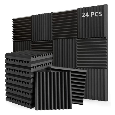 Conjunto de 24 Paneles Insonorizantes de Espuma Negra, 12"x12"x1", Cuñas Acústicas de Alta Densidad y Retardante de Llama para Reducción de Ruido, Recuperación Rápida, Ideales para Oficina en Casa, Estudio, Sala de Conferencias y Teatro