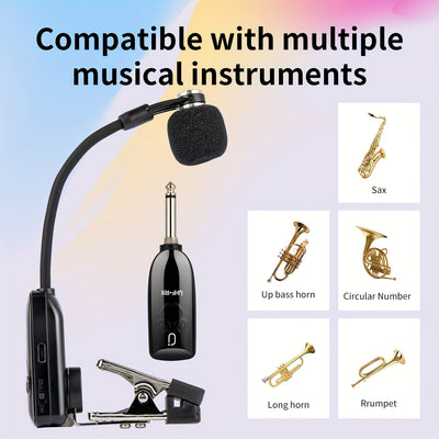 2025 (Mejor Vendedor) Micrófono Inalámbrico UHF para Saxofón, Adecuado para Escenarios y Actuaciones al Aire Libre, Micrófono Inalámbrico para Saxofón, Diseñado para Saxofones, Trumpeta Clip-On, Micrófono para Instrumentos, Incluye Receptor, Plug and Pla