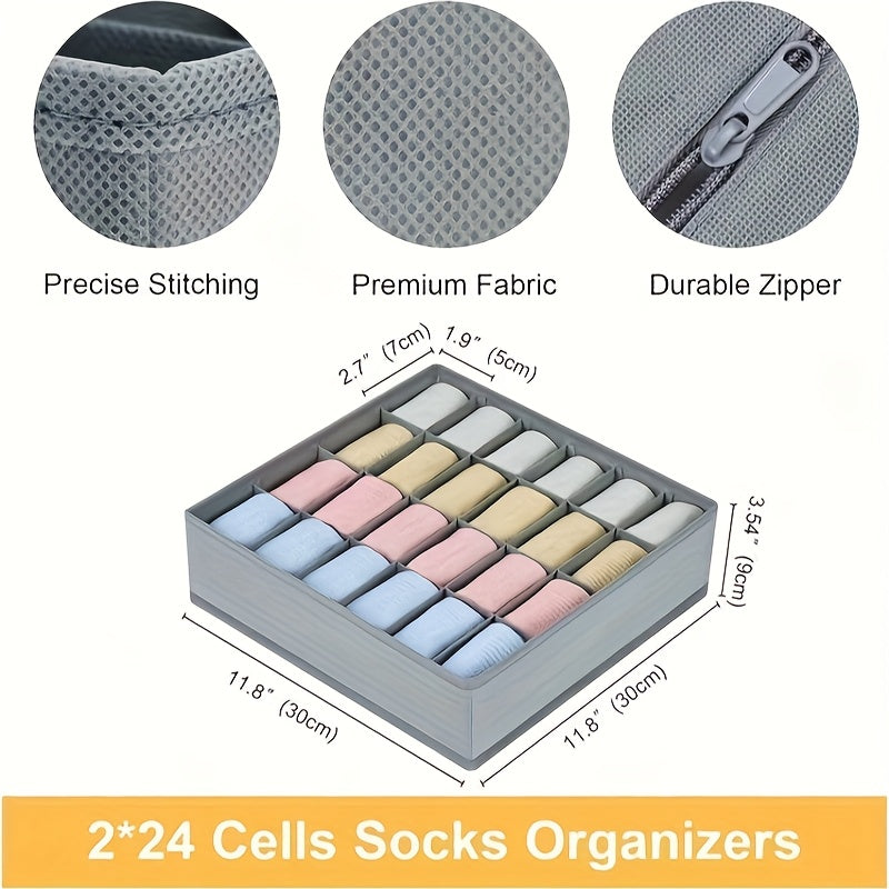 Paquete de 2, 48 compartimentos, organizadores de calcetines y ropa interior de tela - Cierre de cremallera duradera, caja de almacenamiento plegable para calcetines, ropa interior, corbatas - Ideal para dormitorio y decoración del hogar, organización de