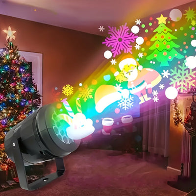 1 proyector LED navideño giratorio con diseños de Santa Claus, copos de nieve y motivos festivos, alimentado por USB, decoración para habitación, fiestas, celebraciones y ambiente navideño, iluminación versátil para interiores