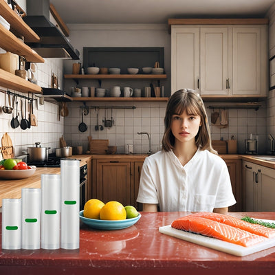 AGASHE 4 rollos de sellador de vacío de diferentes tamaños - Diseñados para un almacenamiento eficiente de alimentos y frescura - Ideales para empaquetar carnes frescas, mariscos, frutas y productos secos - Compatibles con la mayoría de los selladores de